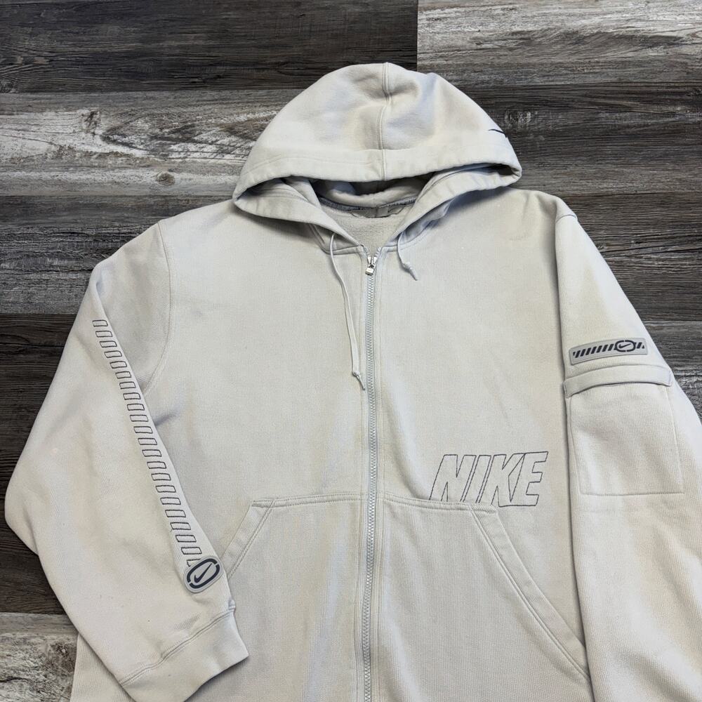 Vintage Y2K Nike White Mens XXL Full Zip Spell Out Swoosh Ribbed Pocket Hoodie